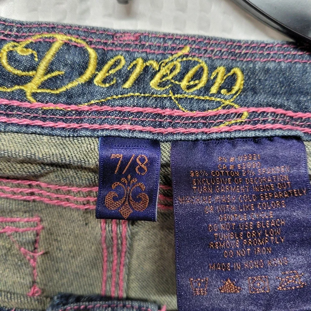 Dereon Dark Wash Pink Stitch Rhinestone Skinny Jeans Womens 7/8 RARE Y2K - Picture 2 of 4